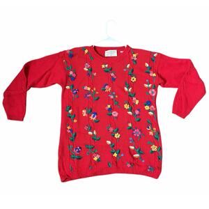 VTG Unique Marissa Christina Cottagecore Red Floral Embroidered Knit Sweater- M